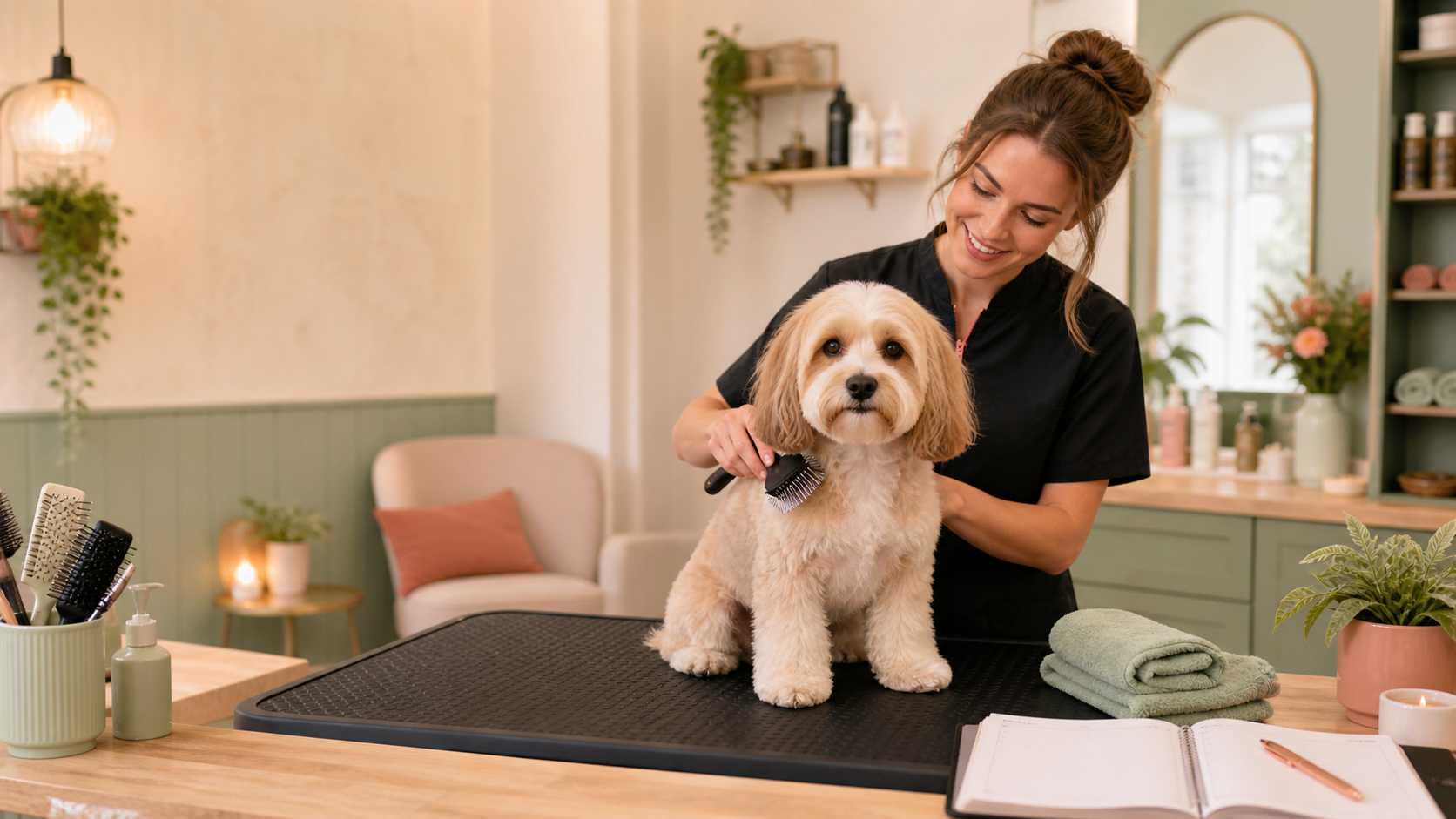 Dog grooming salon with a calm dog on the grooming table